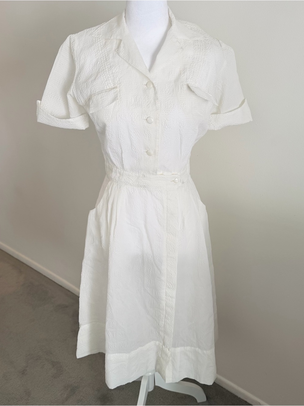 1940s Sheer Seersucker White Short Sleeve Shirt Dress Overdress